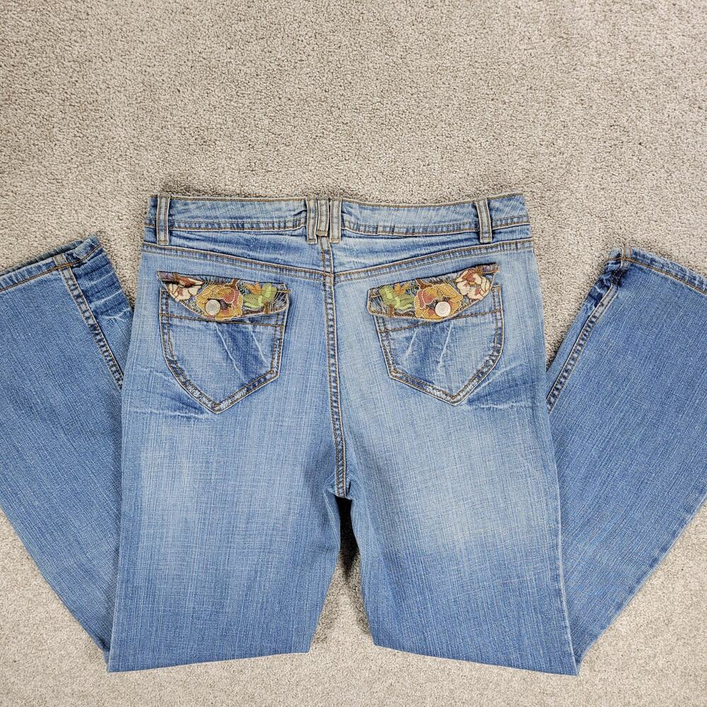 Vintage Faded Glory Jeans Womens 12 Light Wash Blue Floral Flap Pockets Wide Leg